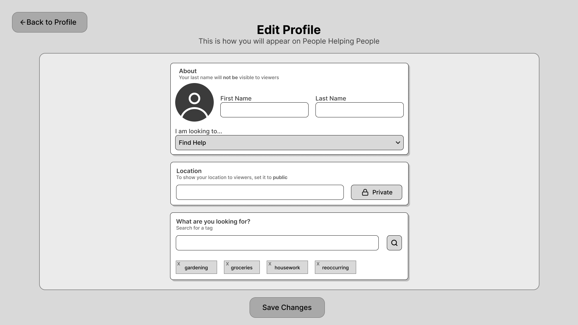 A black and white wireframe of an edit profile page