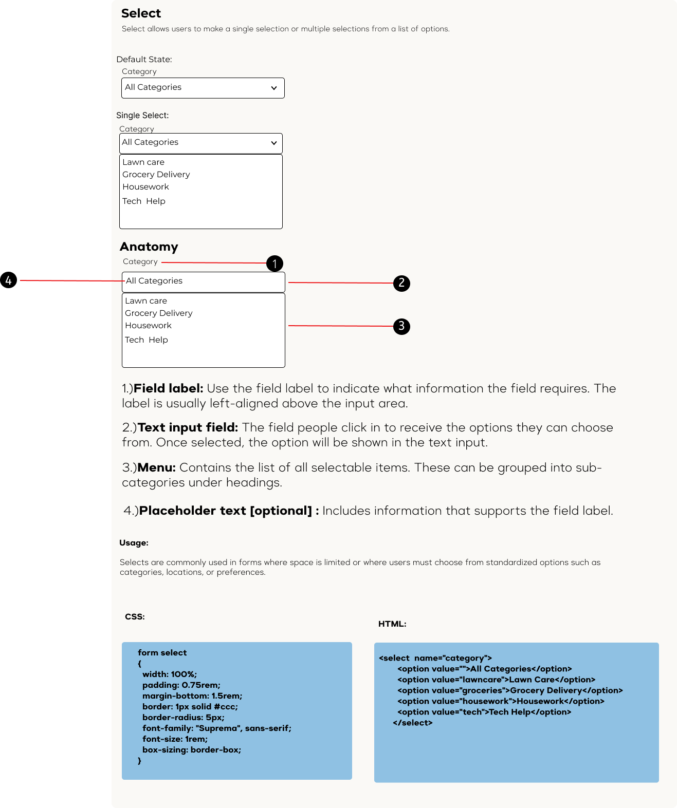 The form section of a design system page