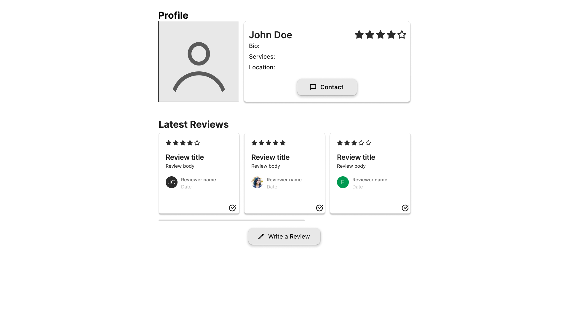 A black and white wireframe of a profile page with reviews