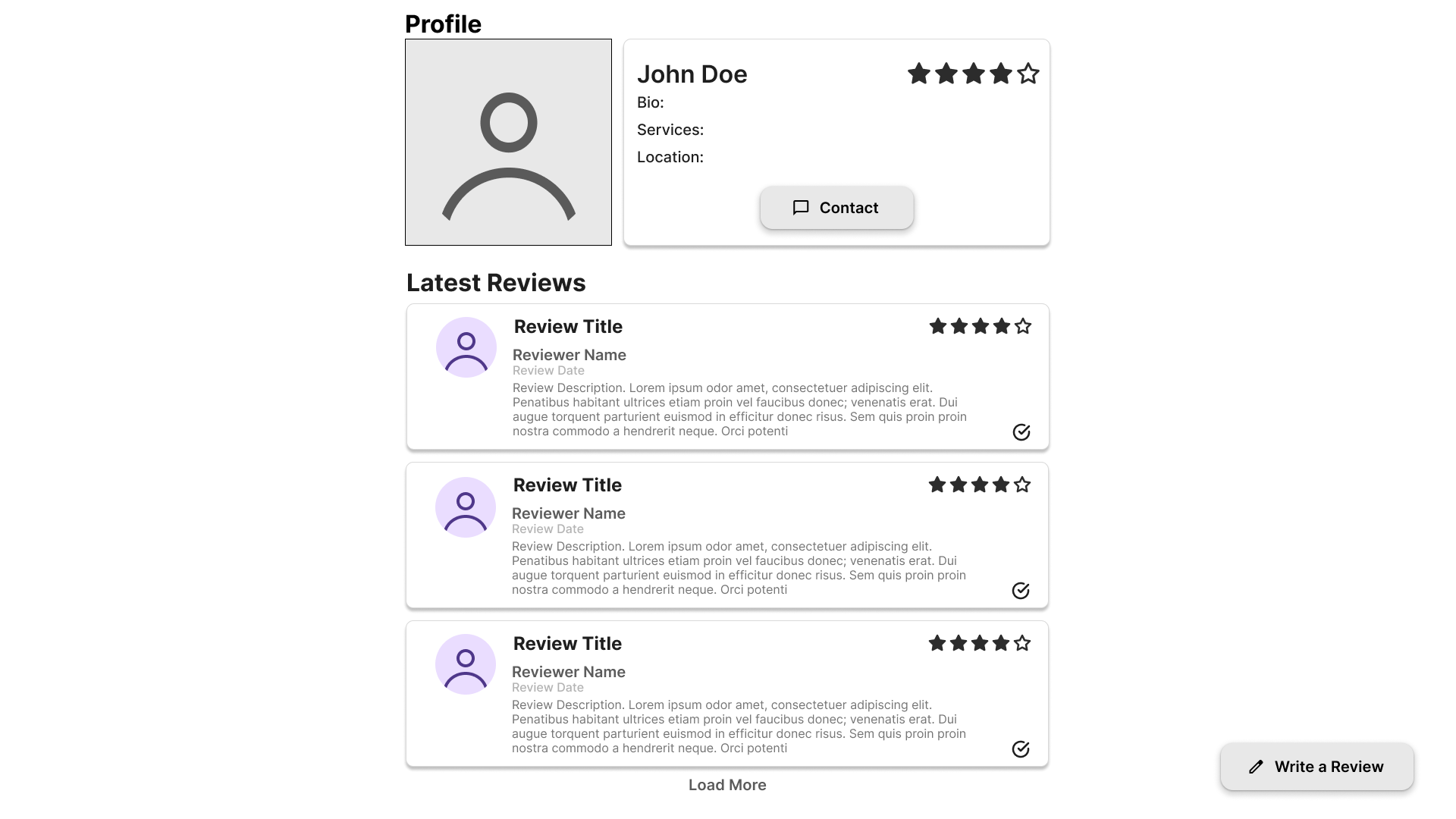 A black and white wireframe of a profile page with reviews expanded