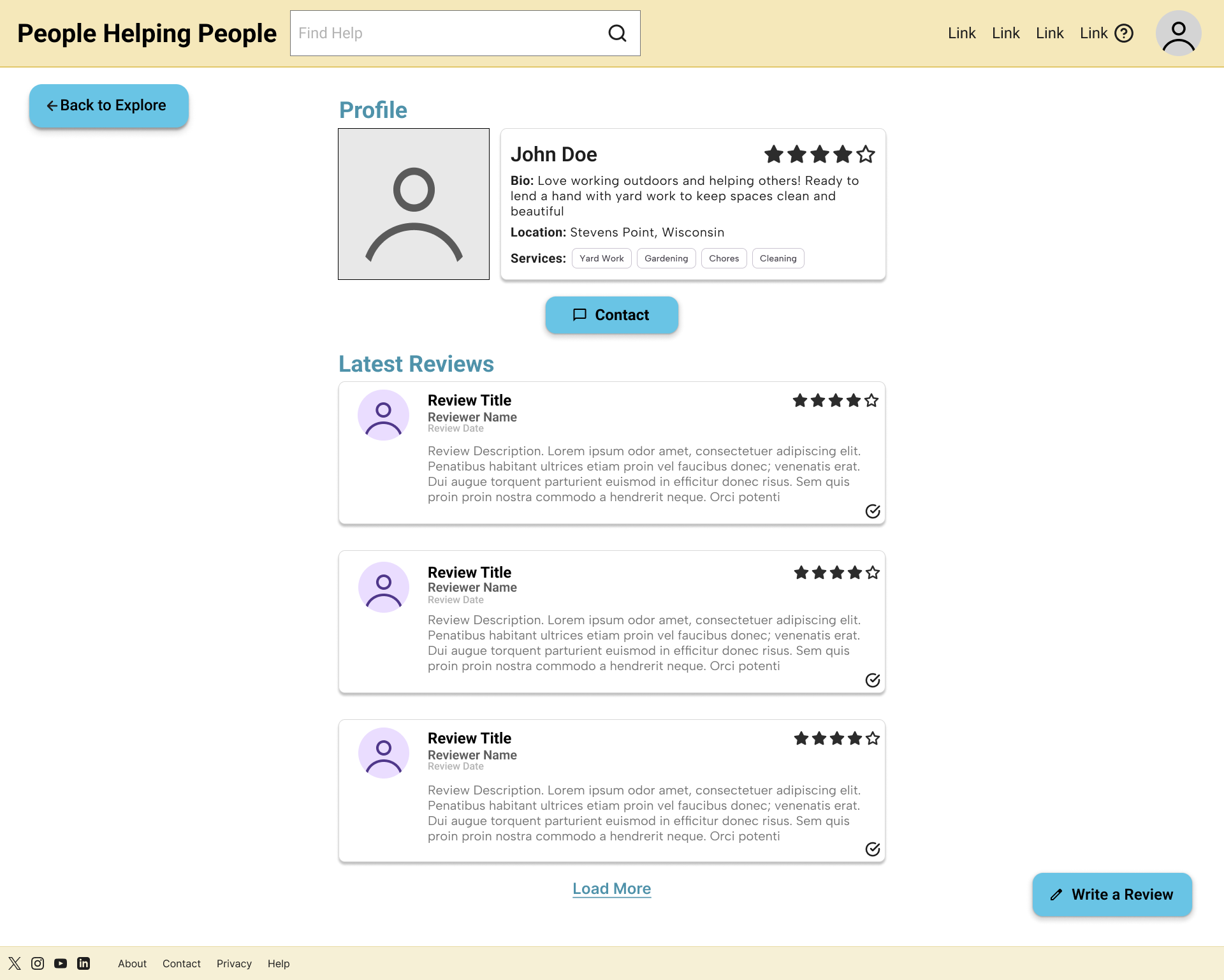 A full color wireframe of a profile page with reviews expanded