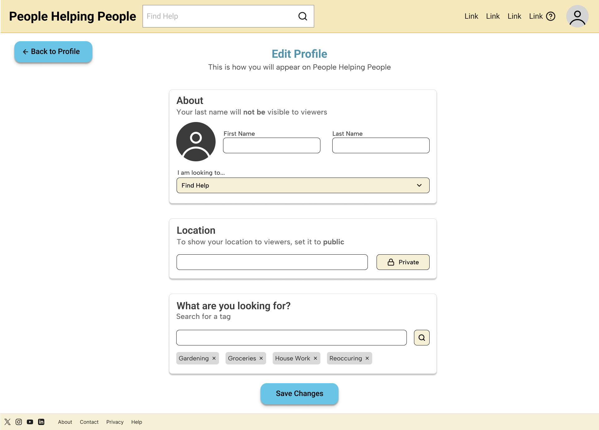 A full color wireframe of an edit profile page
